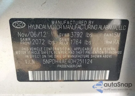 2013 Hyundai Elantra Limited z USA, uszkodzony, nr VIN 5NPDH4AE4DH251124